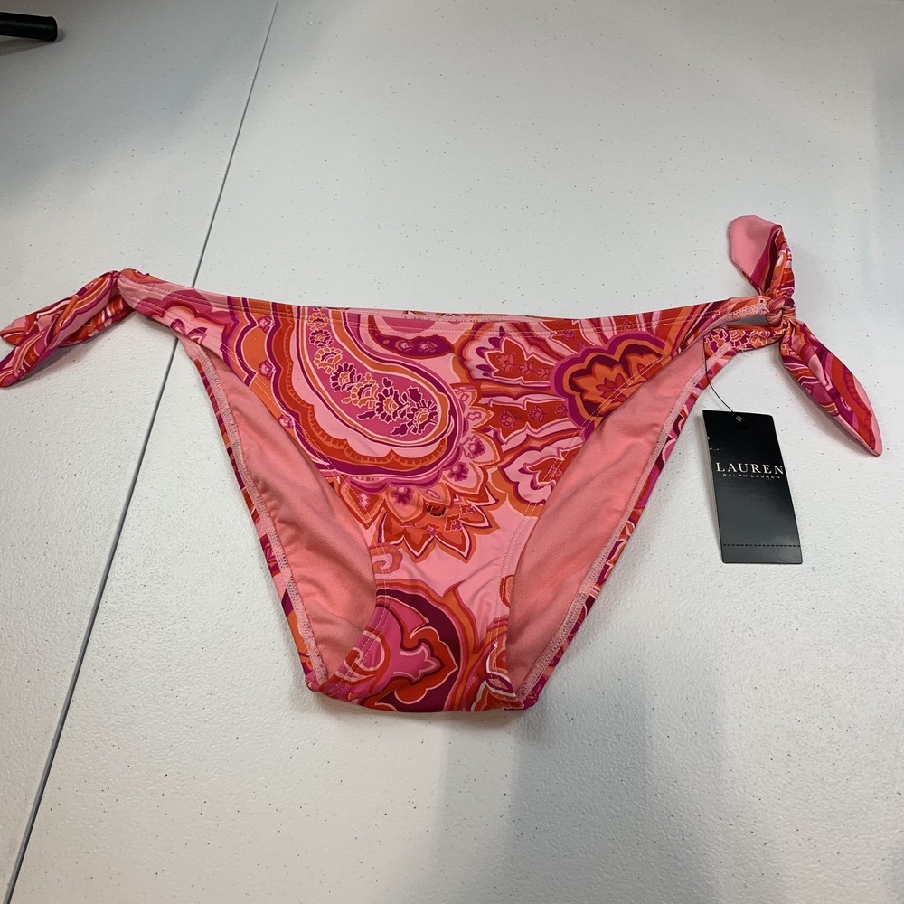 Lauren‎ Ralph Lauren Women's Swim Bikini Bottom 8 Paisley Pink Tie Side